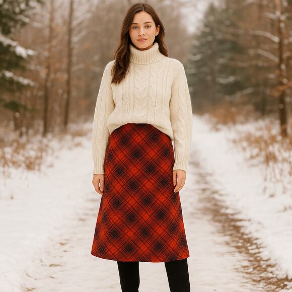 Talbots Established 1947 SZ 18W Wool Blend Red Tartan Midi Skirt Front Box Pleat - Picture 1 of 7
